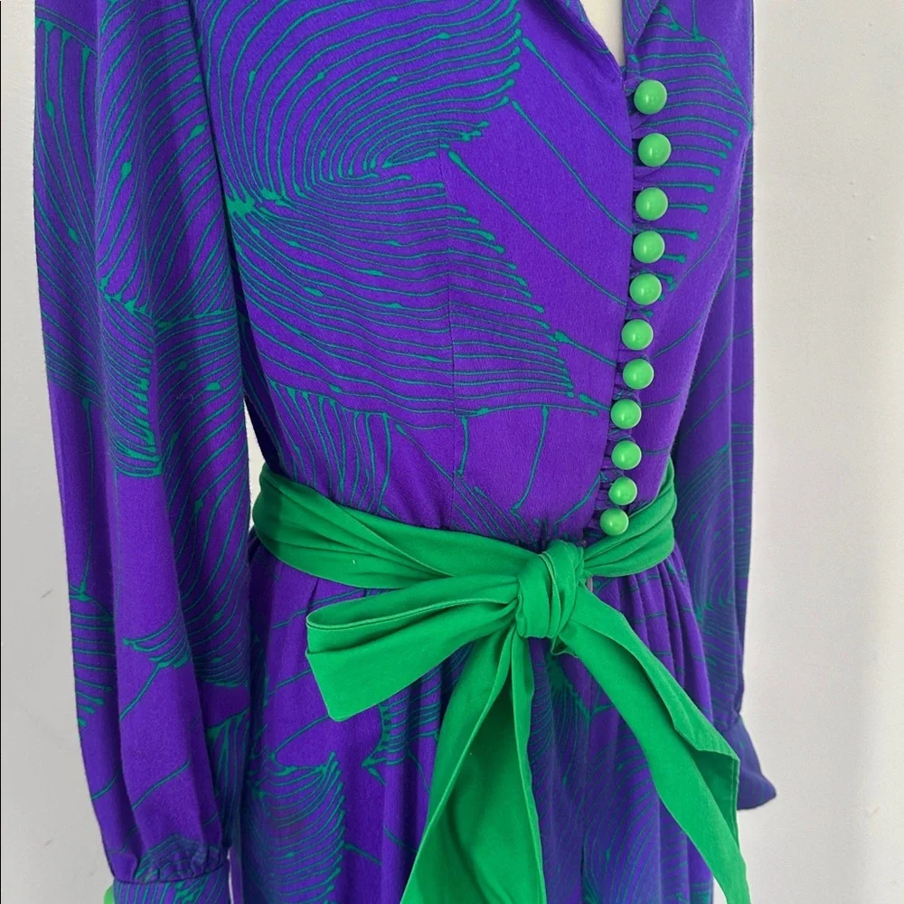 Vintage 70s Purple And Green Abstract Floral Bellbottom Jumpsuit With Belt - Picture 4 of 6